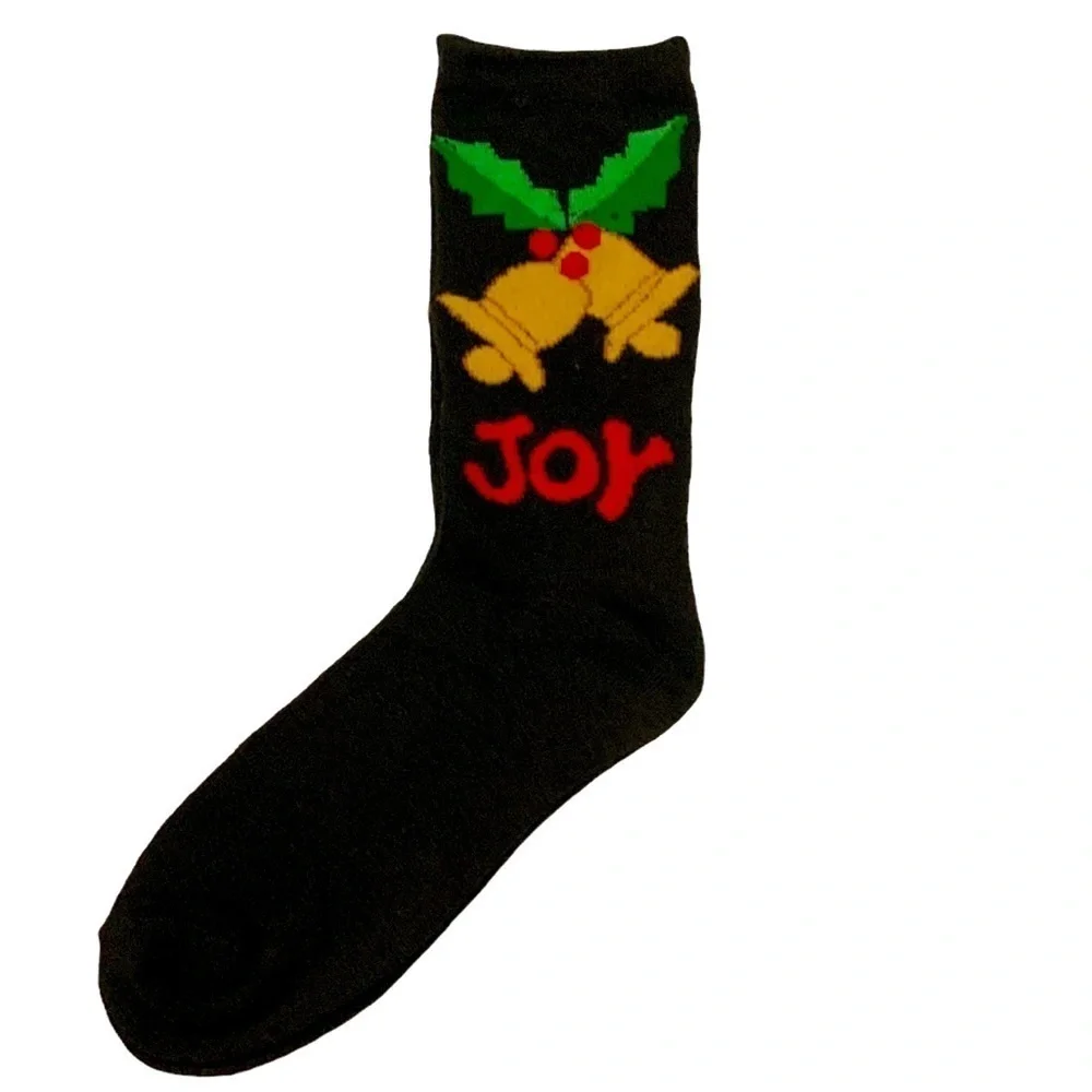 Christmas Holiday Crew Socks Holly Joy Black Red Multicolor 9-11 Sock Size NEW